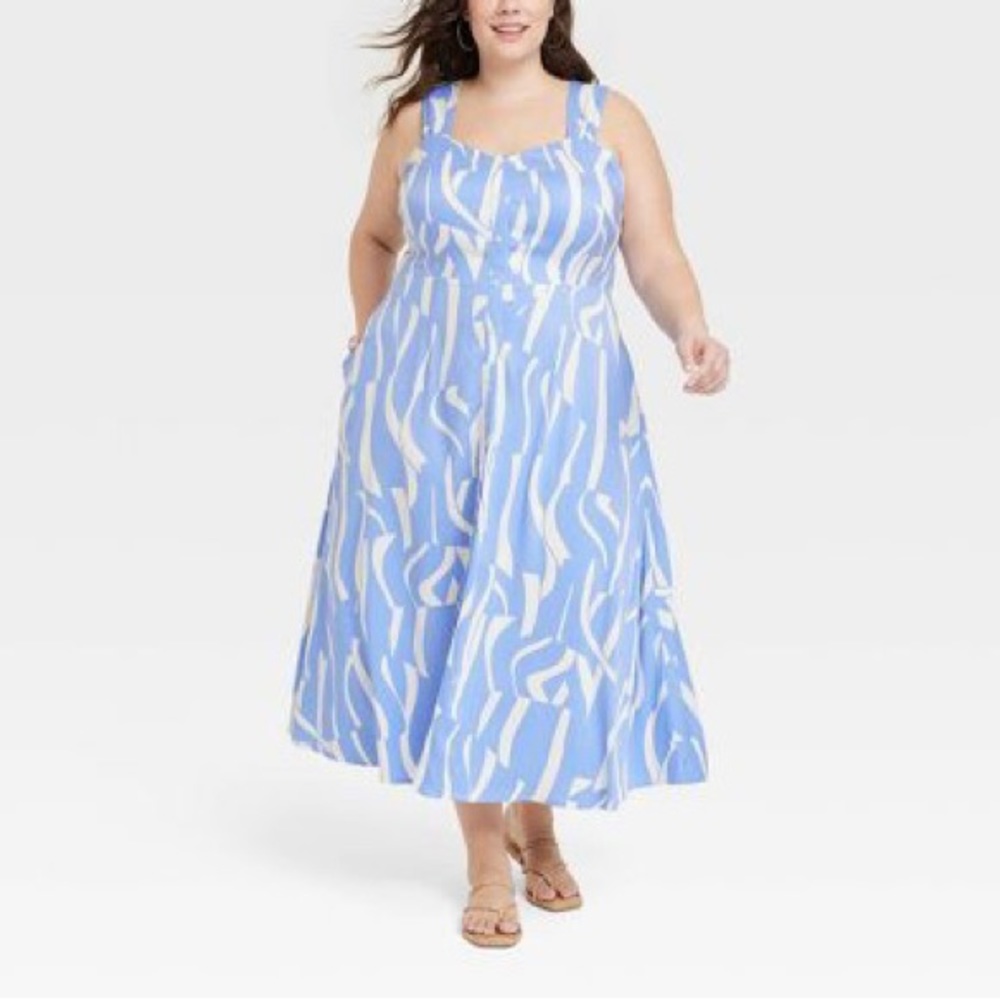 Ava & Viv™ Women's Button-Front Midi Dress NWOT - Light Blue Abstract
